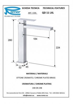 Q-DESIGN LAVABO HAUT XL; Robinet mitigeur salle de bain haut XL sans vidage pour lavabo et vasque Q-DESIGN chromé