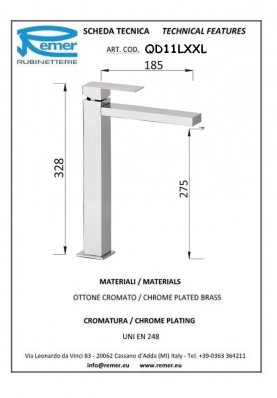 Q-DESIGN LAVABO HAUT XXL; Robinet mitigeur salle de bain haut XXL sans vidage  pour lavabo et vasque Q-DESIGN chromé