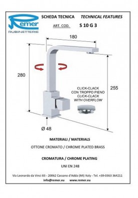 SQ3 LAVABO BEC HAUT; Robinet mitigeur salle de bain bec haut pivotant pour lavabo et vasque SQ3 chromé