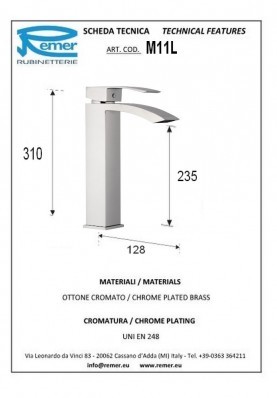 MARS LAVABO HAUT; Robinet mitigeur salle de bain haut sans vidage pour lavabo et vasque MARS chromé