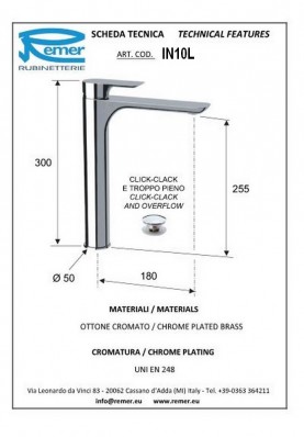 INFINI LAVABO HAUT AVEC VIDAGE; Robinet mitigeur salle de bain avec vidage clic clac pour lavabo et vasque haut INFINI chromé