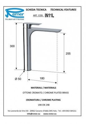 INFINI LAVABO HAUT; Robinet mitigeur salle de bain haut sans vidage pour lavabo et vasque INFINI chromé