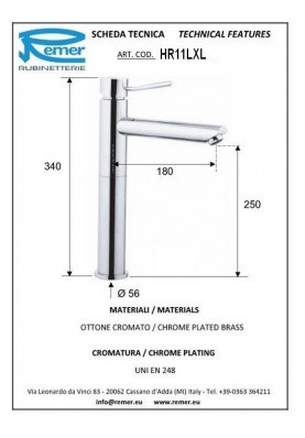 ERMESSE LAVABO HAUT XL; Robinet mitigeur salle de bain haut XL sans vidage pour lavabo et vasque ERMESSE chromé