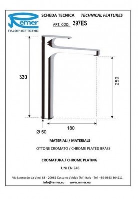 ESSENTIEL LAVABO HAUT; Robinet mitigeur salle de bain haut sans vidage pour lavabo et vasque ESSENTIEL chromé