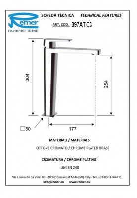 ARTIQUE LAV HAUT CART ECO SS VID; Robinet mitigeur salle de bain haut sans vidage pour lavabo et vasque ARTIQUE C3 chromé