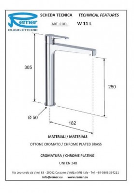 WINTER LAVABO HAUT SANS VIDAGE; Robinet mitigeur salle de bain haut sans vidage pour lavabo et vasque WINTER chromé