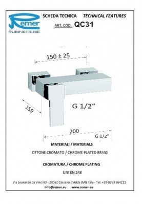 QUBIKA CASCATA DOUCHE; Robinet mitigeur salle de bain pour douche mural nu carré QUBIKA CASCATA chrome