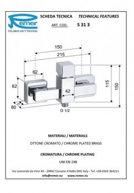 SQ3 DOUCHE; Robinet mitigeur salle de bain pour douche mural nu carré SQ3 chrome