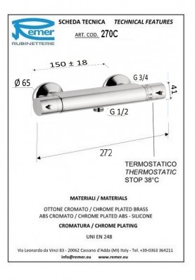 MINIMAL THERMOSTATIQUE DOUCHE ; Robinet mitigeur thermostatique salle de bain pour douche mural nu MINIMAL chrome