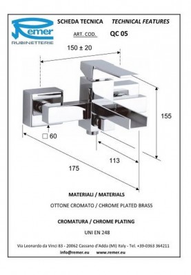 QUBIKA CASCATA BAIGNOIRE; Robinet mitigeur salle de bain pour baignoire QUBIKA CASCATA nu chrome