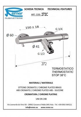 MINIMAL THERMO BAIGNOIRE; Robinet mitigeur Thermostatique salle de bain pour baignoire MINIMAL nu chrome